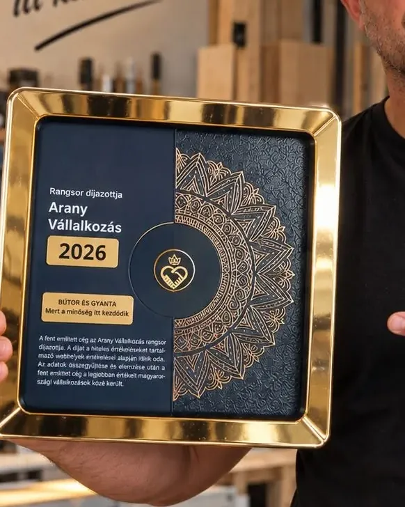Az Arany Vállalkozás 2026 díj a Bútor és Gyanta nevére kiállítva